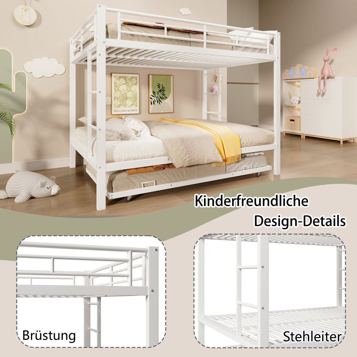 Bunk Bed with Pull-Out Bed and High Railings, 140x200cm Iron Frame, White