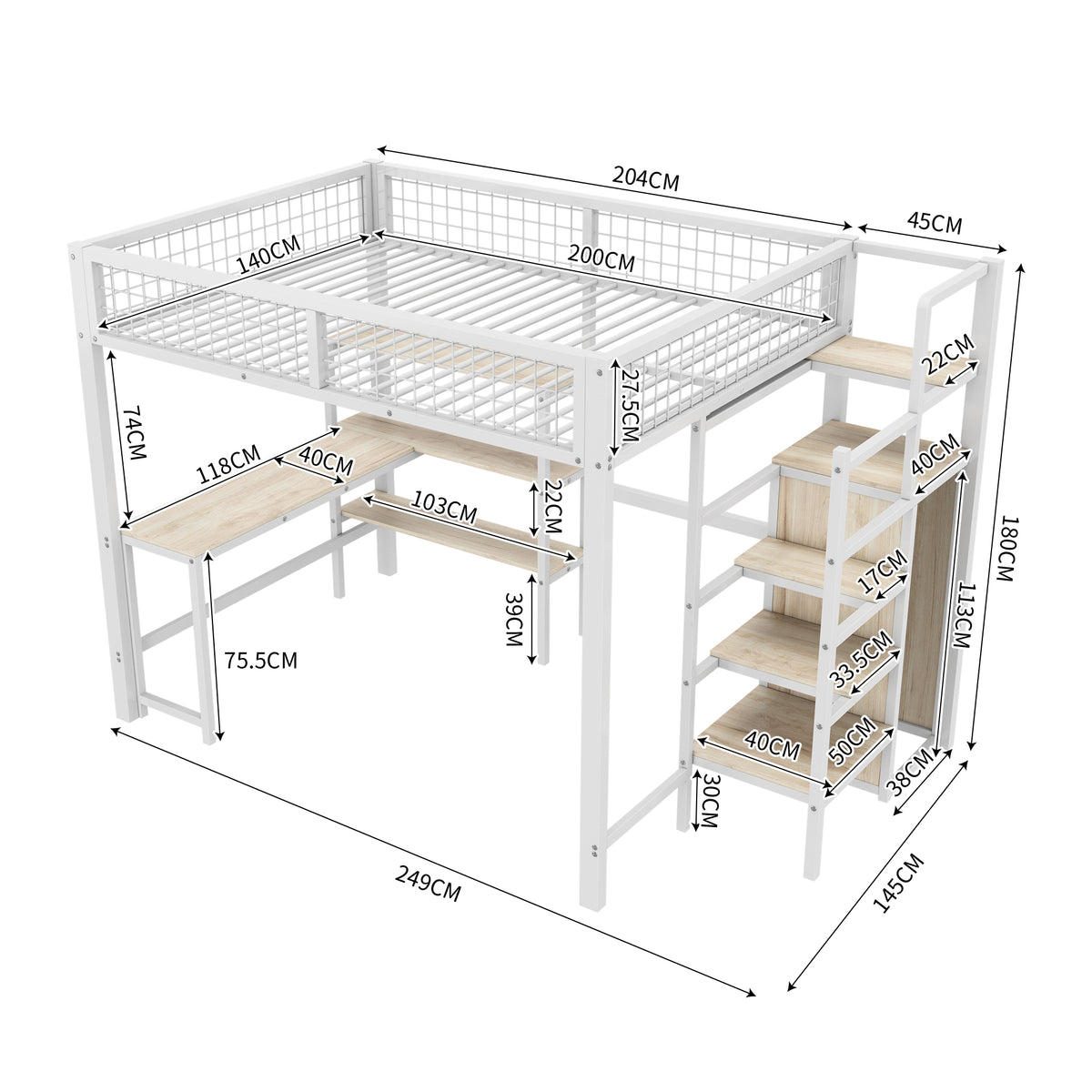 Loft Bed 140x200cm with Desk, Wardrobe & Shelves - White Iron