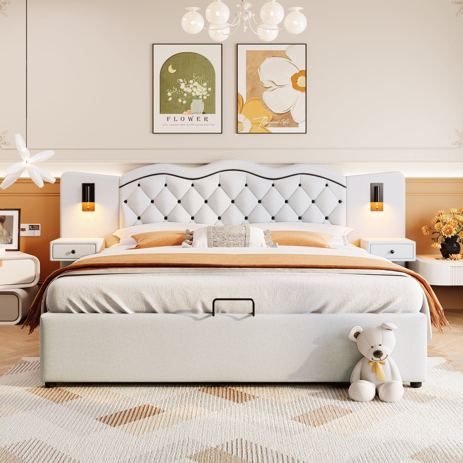 Upholstered Bed 180x200cm Hydraulic Lift Storage Headboard USB Lamps - Beige