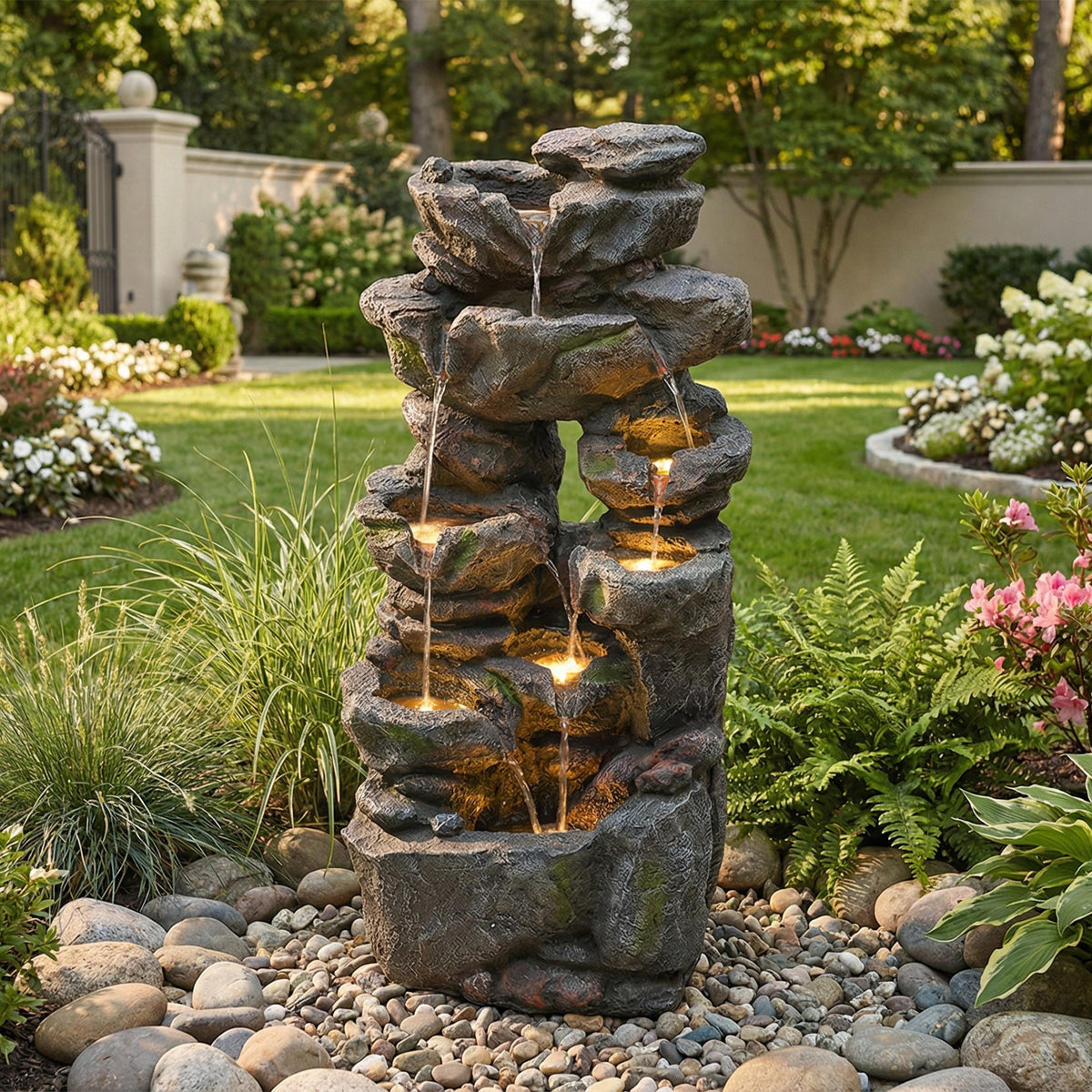 Garden Fountain with LED Lighting, Water Pump and Decorative Basin, Artificial Stone Grey