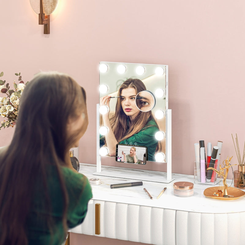 Hollywood Mirror, 12 LEDs, 3 Light Colors, USB Charging, White