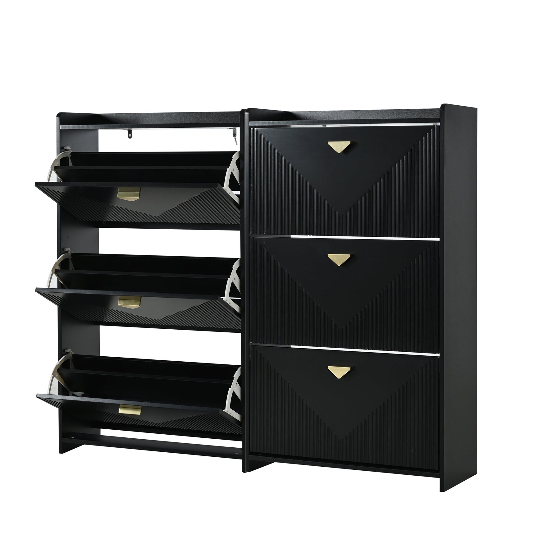 Shoe Cabinet with 6 Drop-Down Doors and Adjustable Width, Two-Piece Set, Black MDF