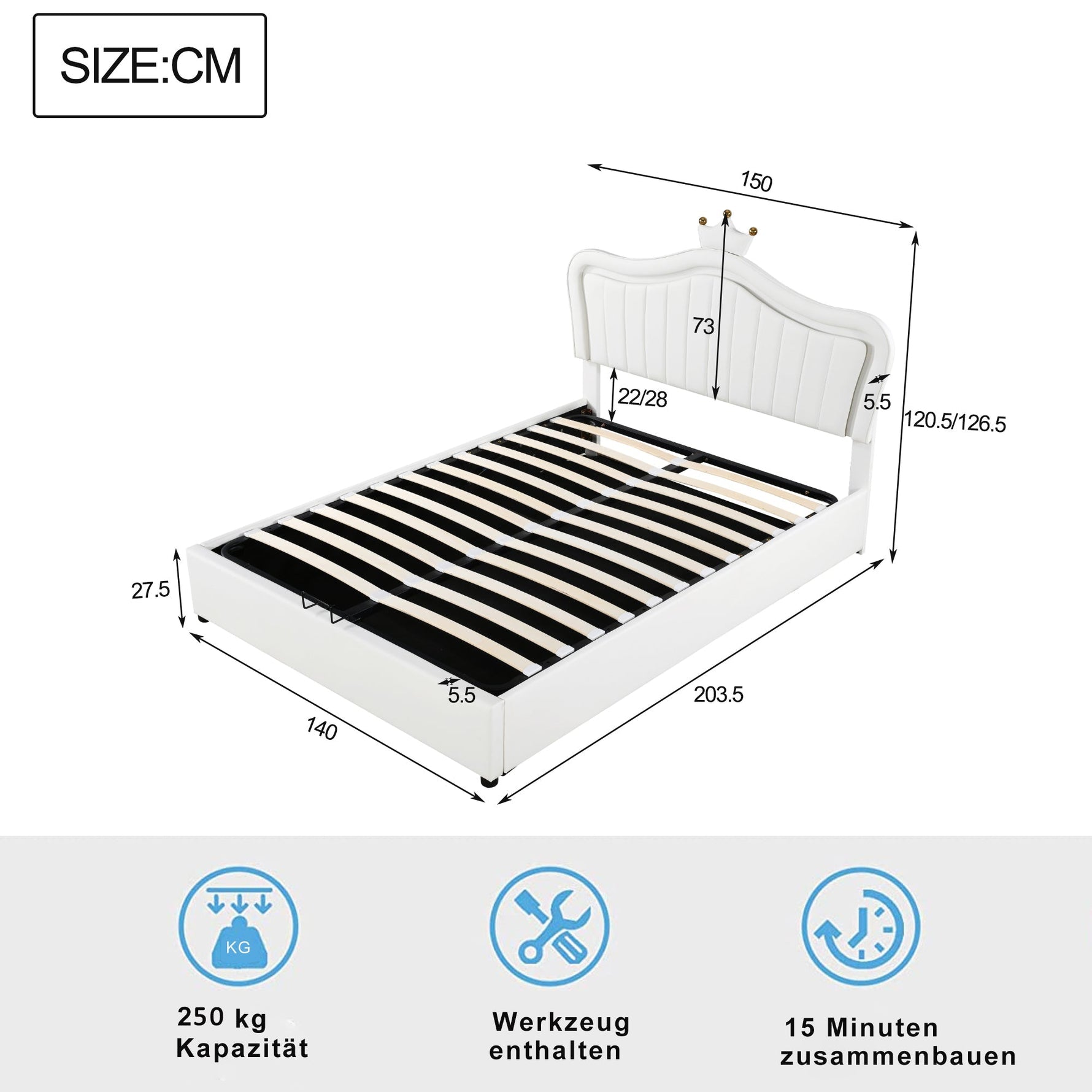 Children's Bed, Upholstered Hydraulic Storage with LED Lights, White PU Leather
