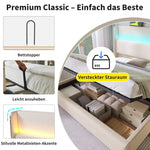 Hydraulic Double Bed 160x200cm, High Headboard LED, Storage, USB/Type-C, Linen Beige