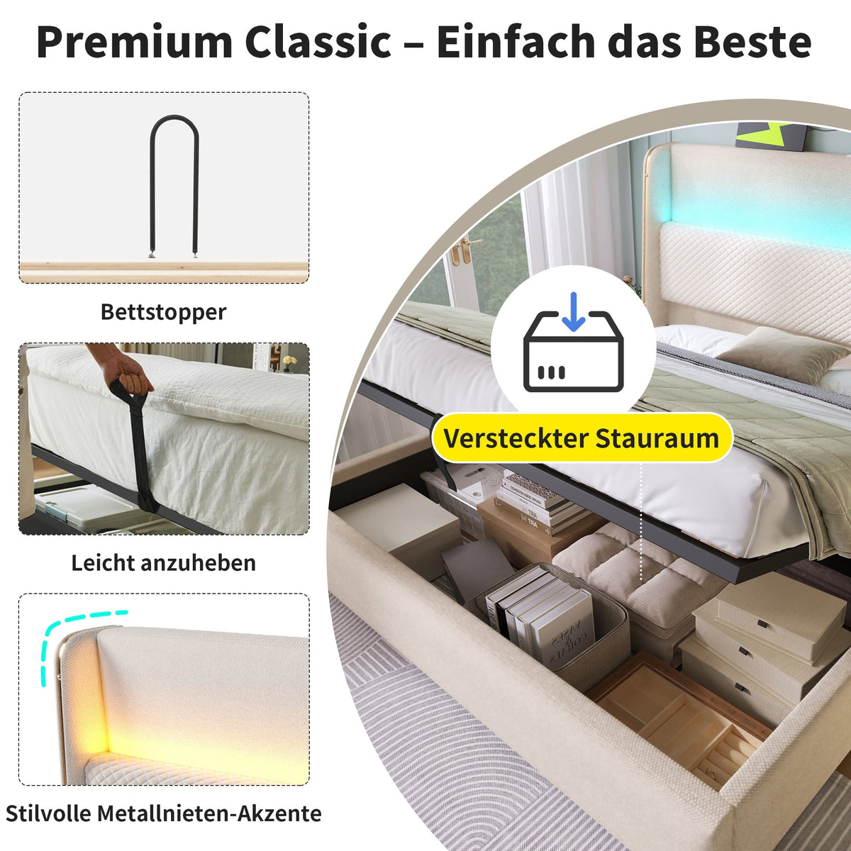Hydraulic Double Bed 160x200cm, High Headboard LED, Storage, USB/Type-C, Linen Beige