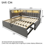 Upholstered Bed with Pull-out Bed, LED, Bluetooth Speaker and Charging Ports, 90x200cm, Grey Linen