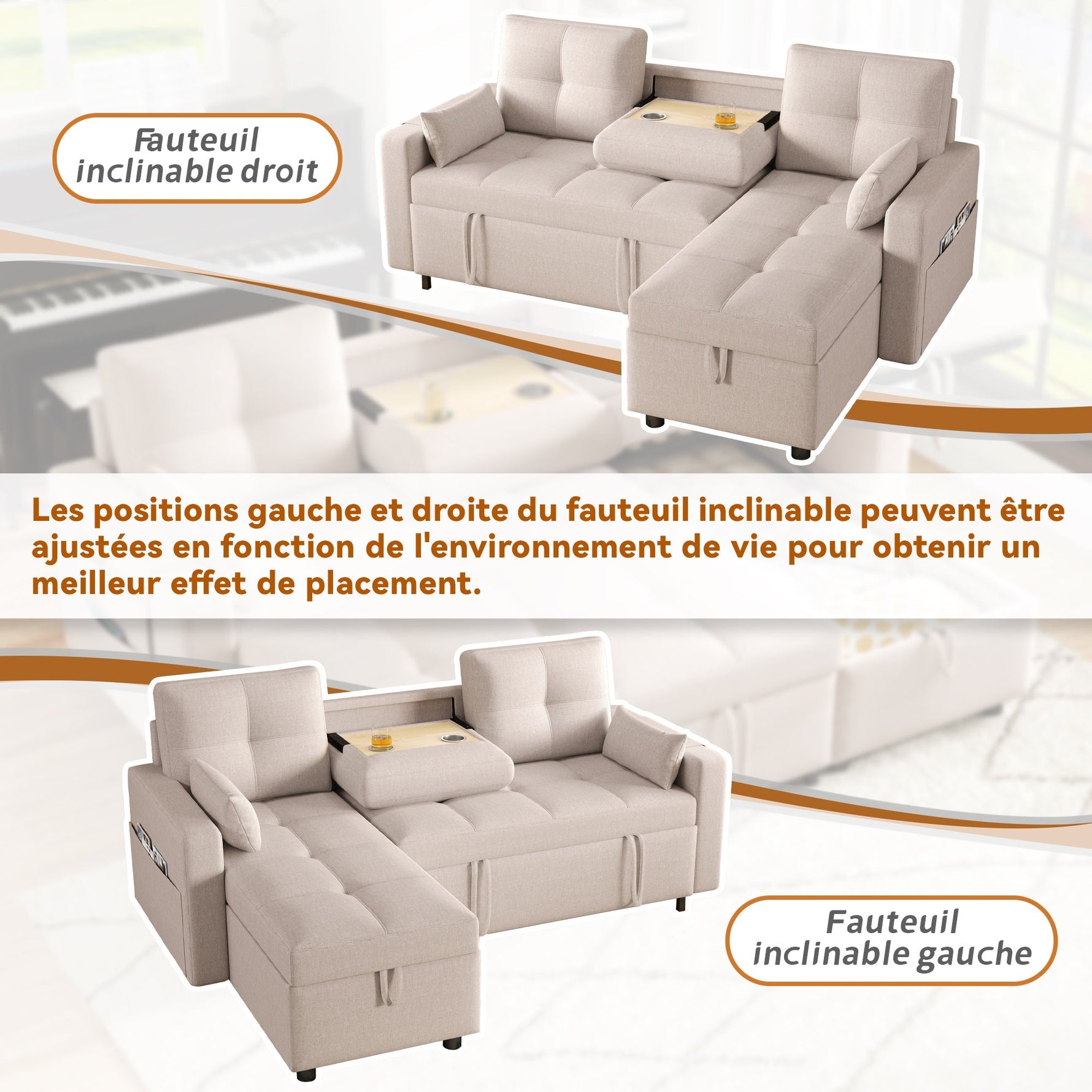 Modern L-shaped Sofa Modular Sofa Bed Pull-out with Storage & Cup Holder, Living Room