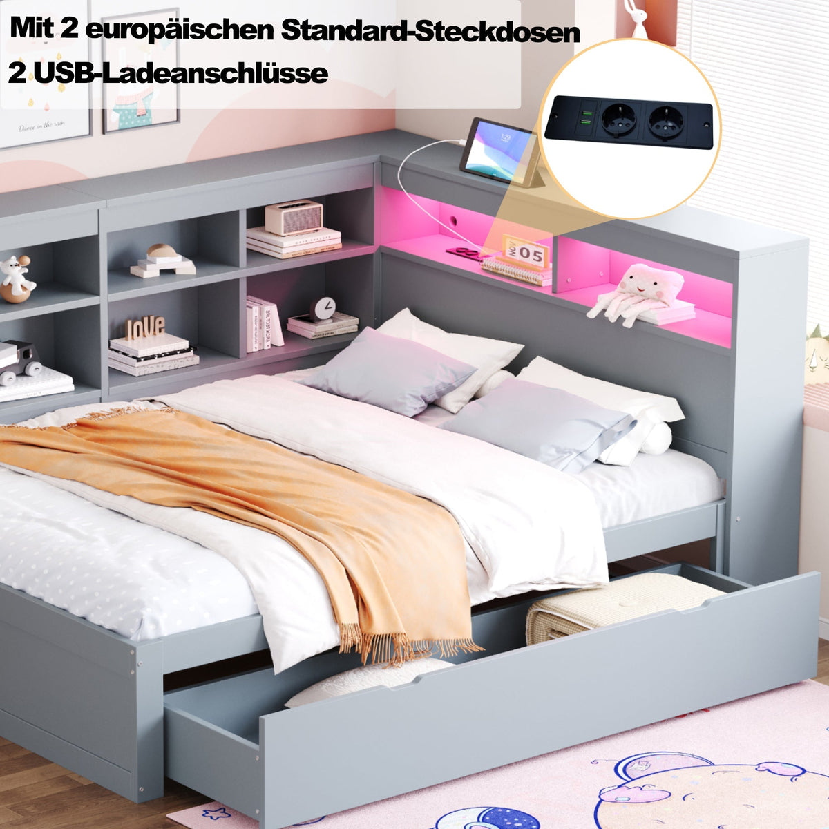 Solid Wood Sofa 140x200cm, Extra Large Drawers, USB, LED, Grey