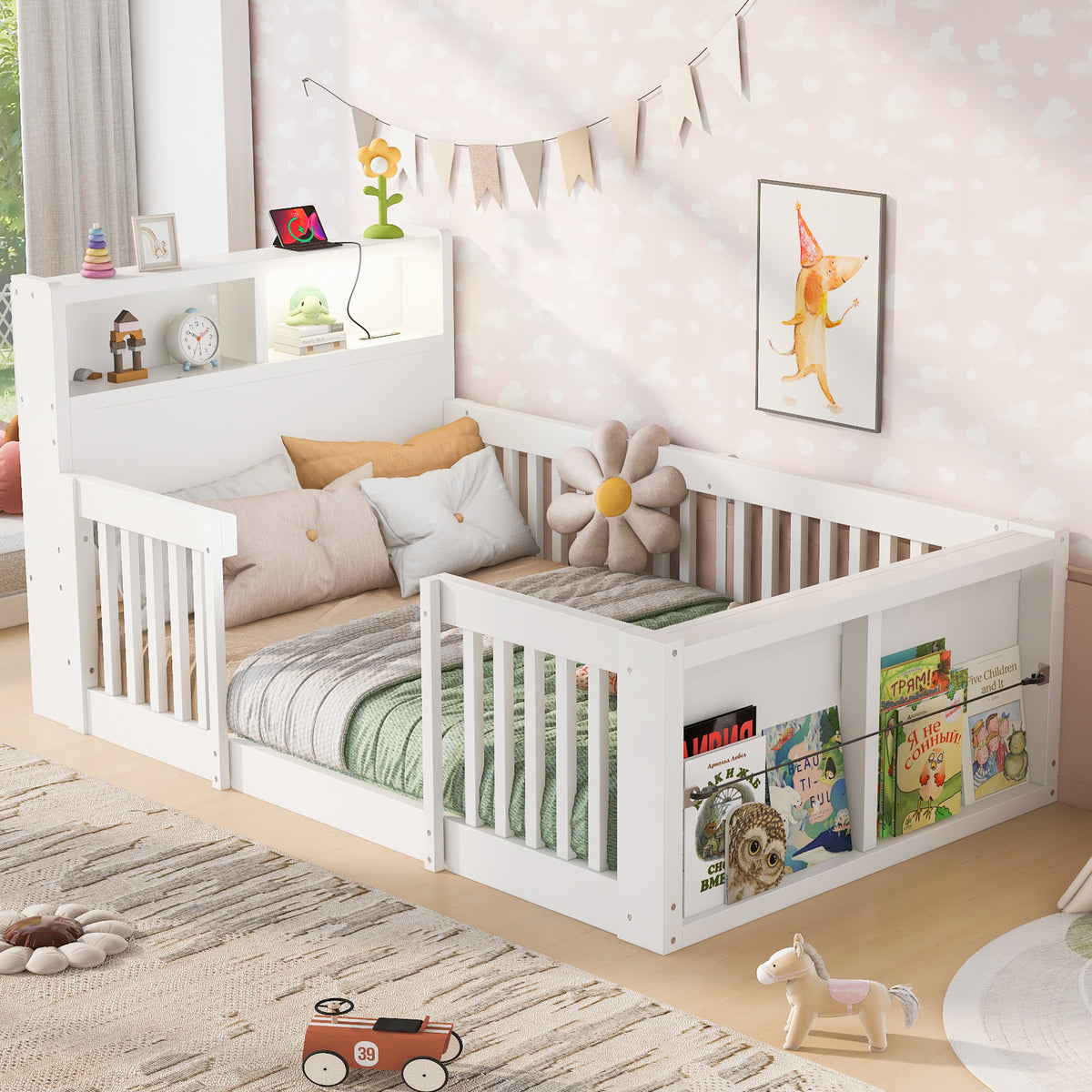 Wooden Single Bed 90x190cm with USB, Light & Storage, White
