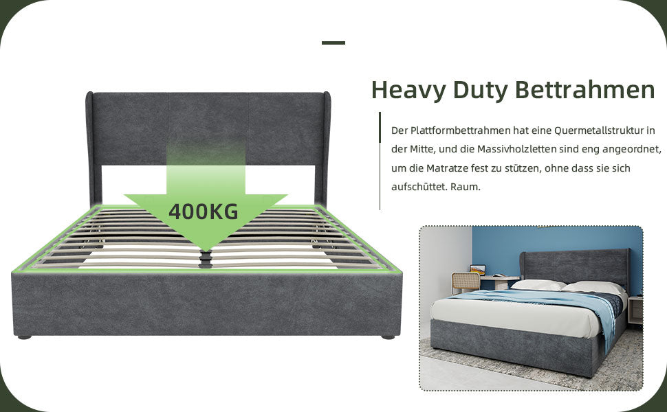 Modern Minimalist Upholstered Bed, 160x200 cm, High-Profile Storage with Gas Lift, Grey