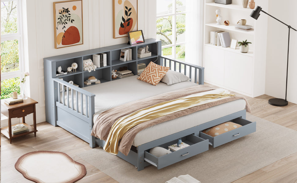 Sofa Bed, Pull-Out 90/180x190 cm with Storage & Charging, 2 Drawers, Pine, Grey