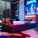 Children's Gaming Bed 90x200 with LED, Hydraulic Storage and TV Mount, PU Leather