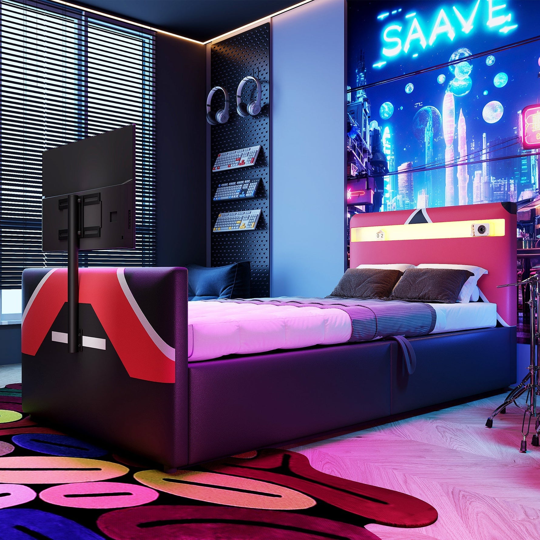 Children's Gaming Bed 90x200 with LED, Hydraulic Storage and TV Mount, PU Leather