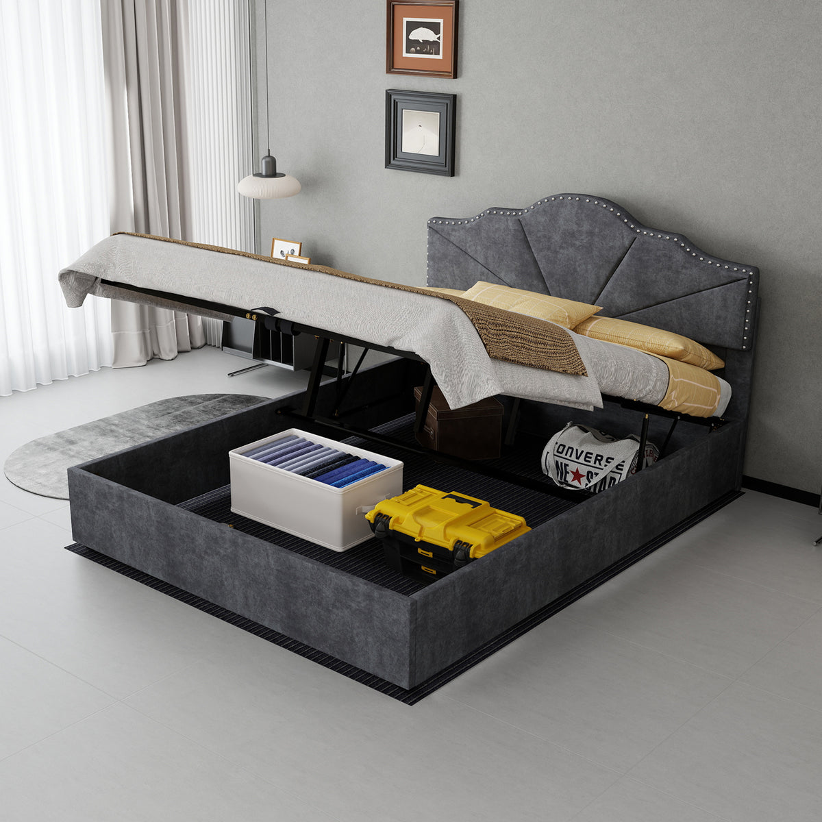 Modern Soft Bed 140x200cm with Mattress & Storage - Gray