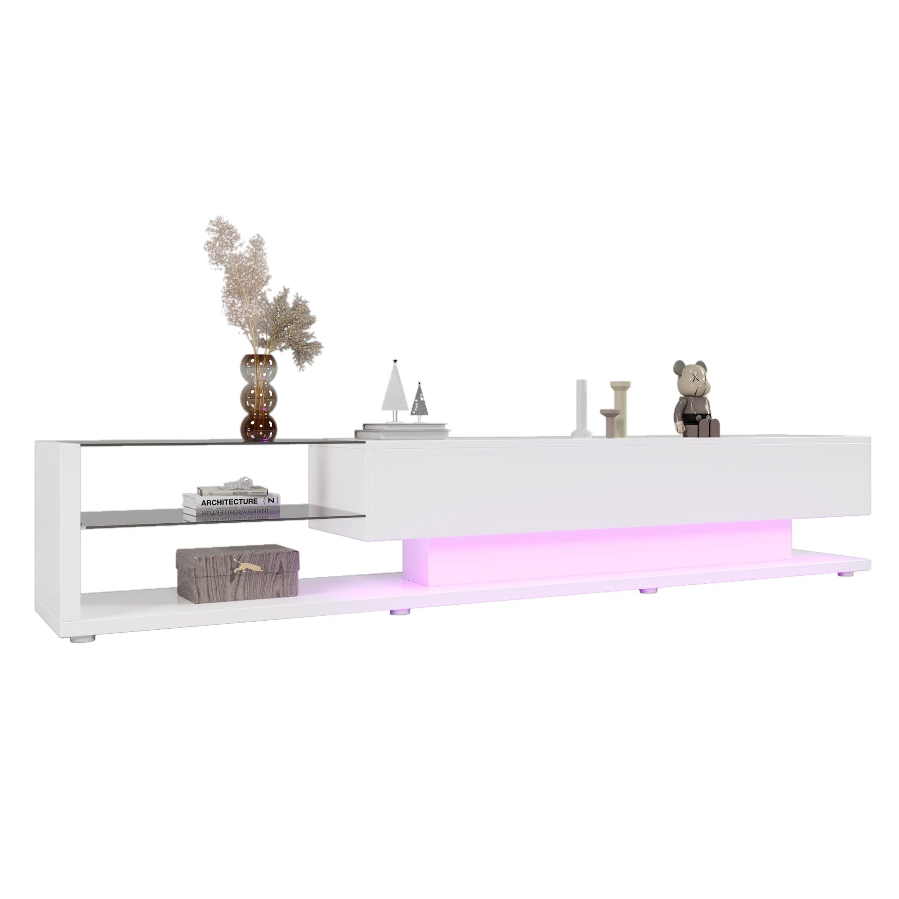 TV Cabinet, Low Panel with Glass Partitions & LED Lighting, High-Gloss White