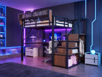 Loft Bed 140x200 with Desk, LED Light & Storage, Black Metal