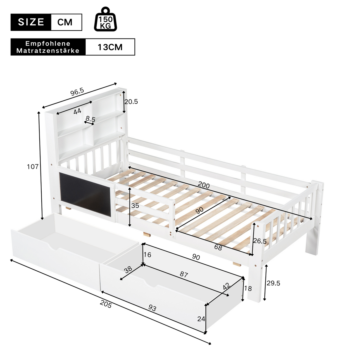 Multi-functional Children's Bed with Drawers and Chalkboard, 90x200cm, White