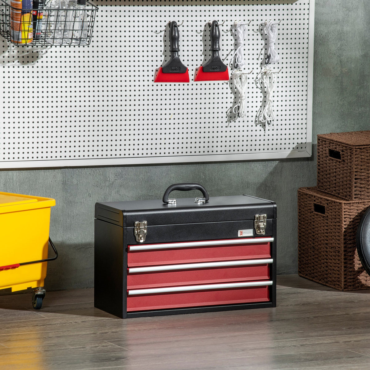DURHAND tool case, practical tool box 3 drawers with handle lock, steel black red