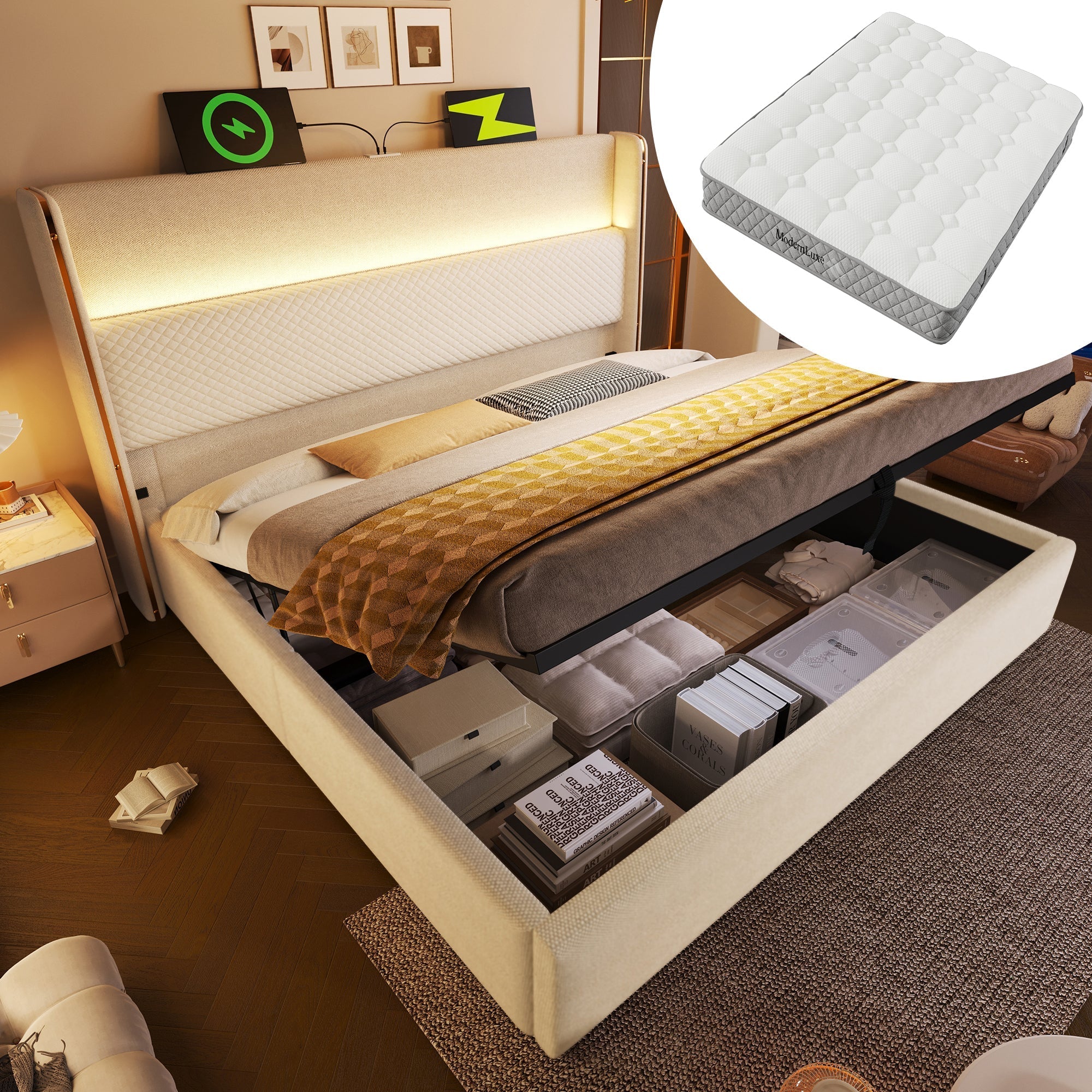 Hydraulic Double Bed 160x200cm, High Headboard LED, Storage, USB/Type-C, Linen Beige