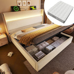 Hydraulic Double Bed 160x200cm, High Headboard LED, Storage, USB/Type-C, Linen Beige