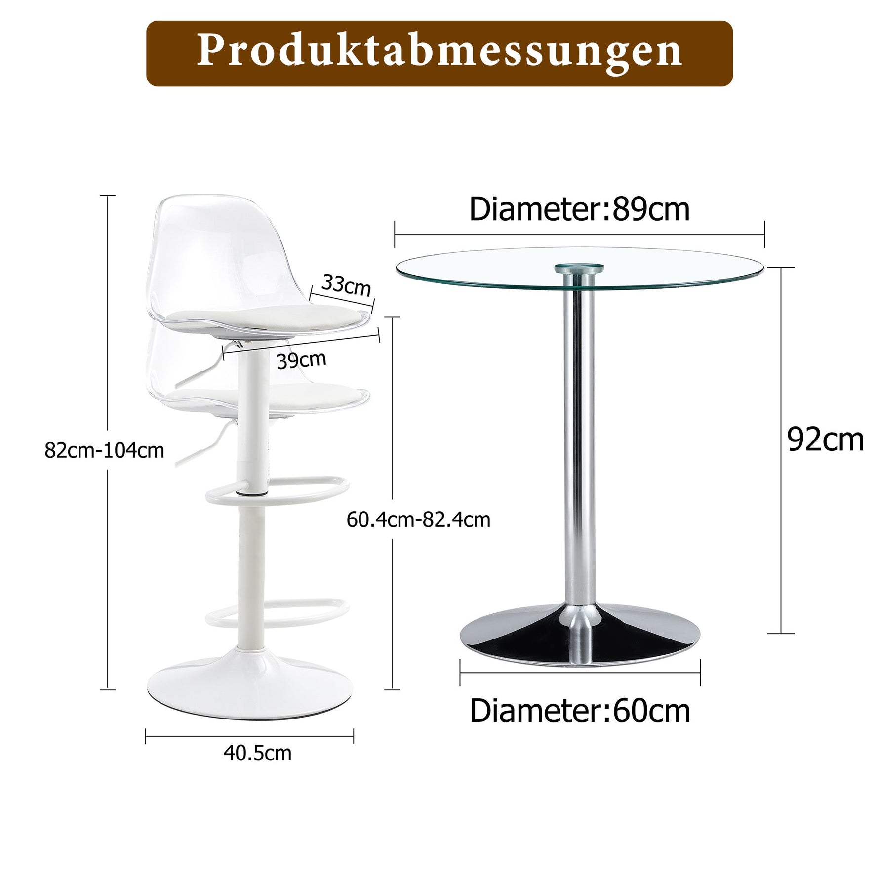 Bar Set 89cm Glass Table 2 Stools Adjustable Swivel - White Legs