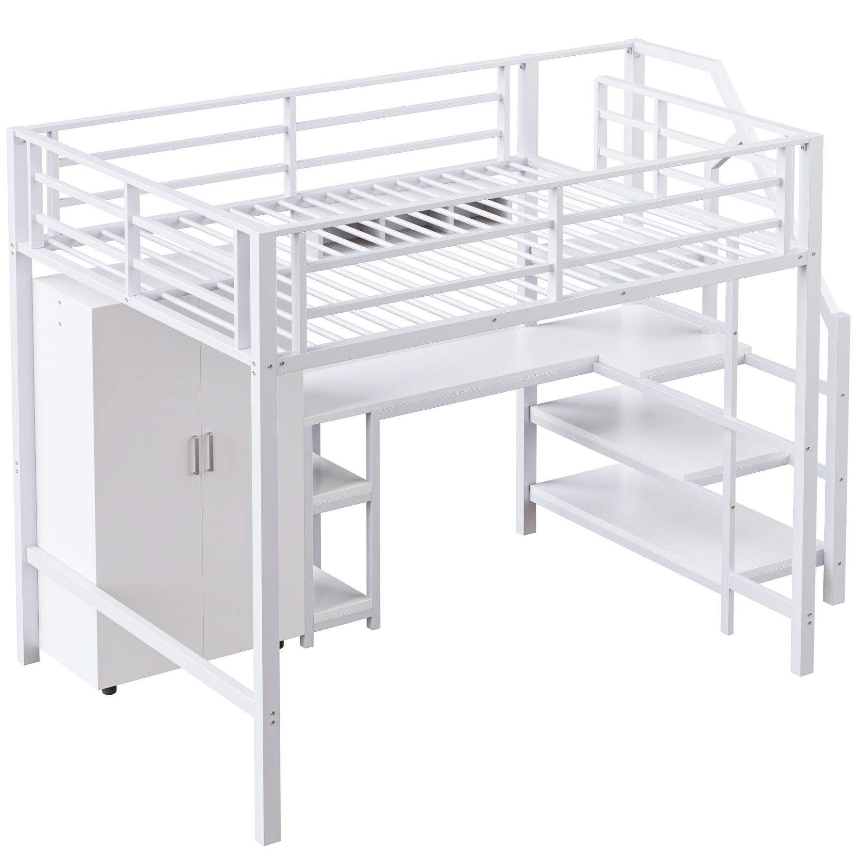 Loft Bed 140x200cm Wardrobe Desk Storage Ladder Shelves - White