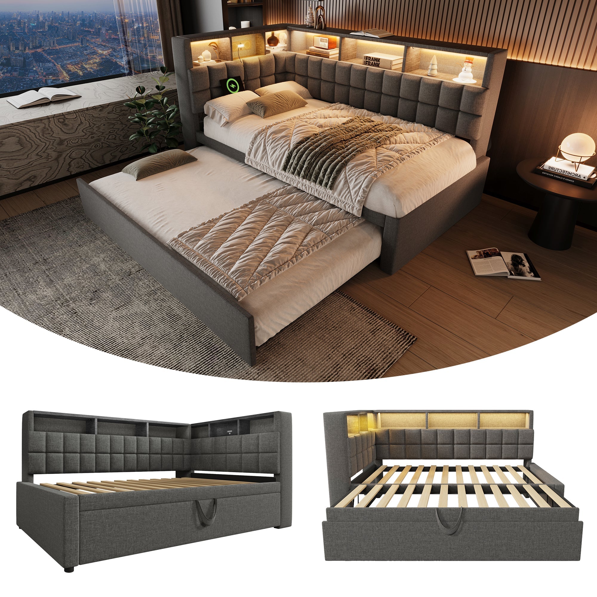 Upholstered Bed with Pull-out Bed, LED, Bluetooth Speaker and Charging Ports, 90x200cm, Grey Linen