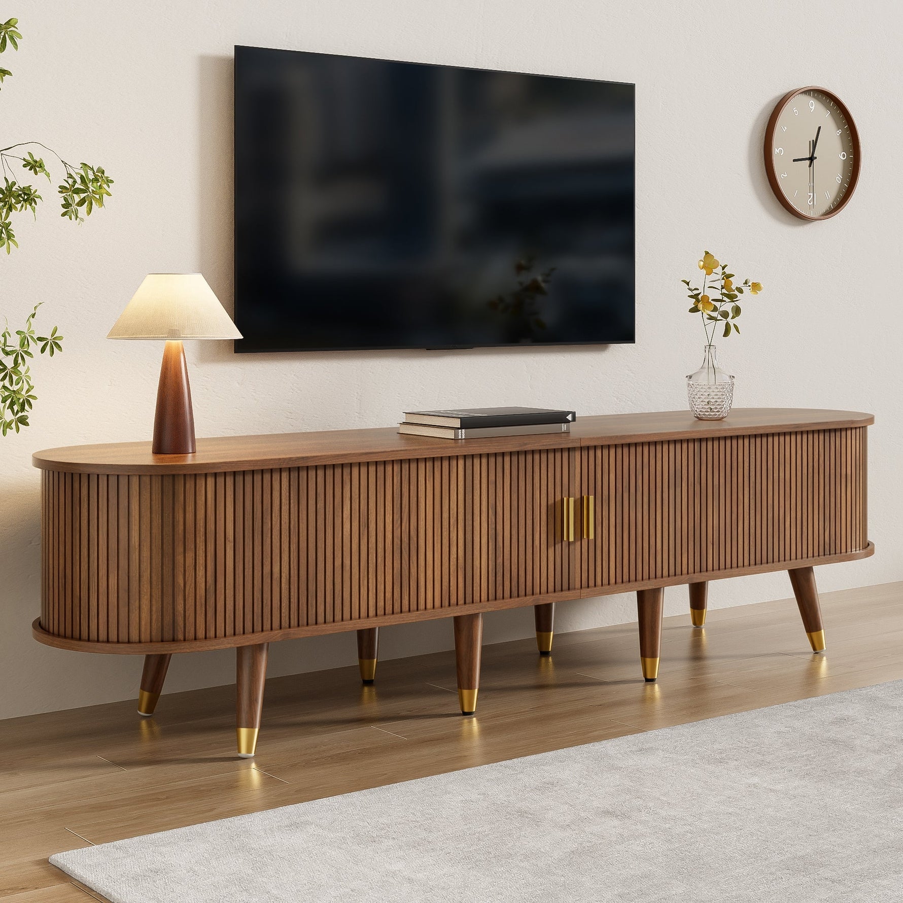 TV Cabinet 175cm Rattan Sliding Door Storage, Walnut Look/Natural Design
