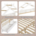 Children's Bed Roof Design, Railing, Storage Drawers, 140x200cm, Pine+MDF White/Natural
