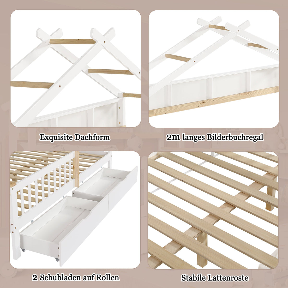 Children's Bed Roof Design, Railing, Storage Drawers, 140x200cm, Pine+MDF White/Natural