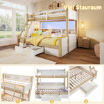 Bunk Bed 90x200 & 140x200 with Storage & LED, White + Natural