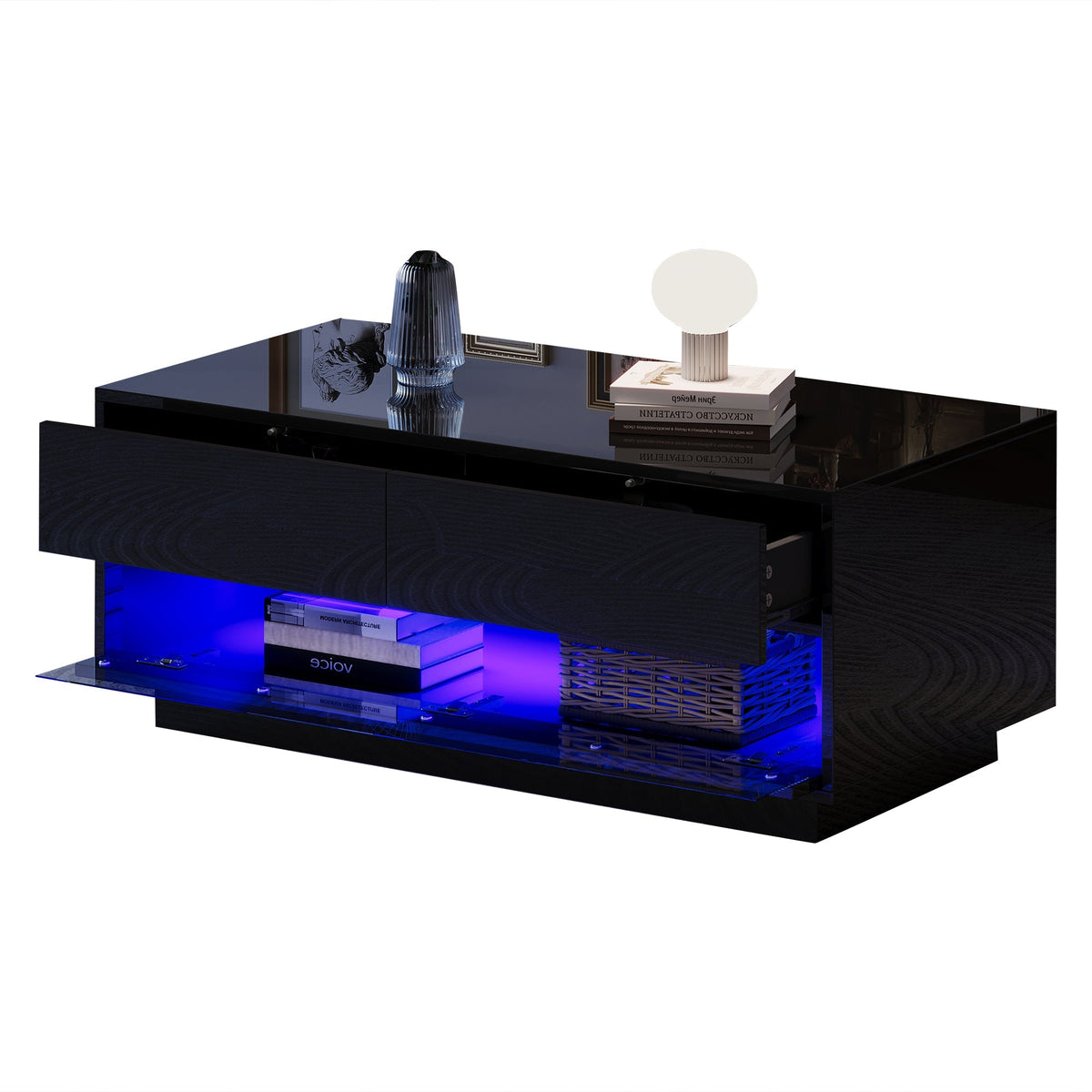 Coffee Table with 2 Drawers, Bluetooth LED Light Bar, Tempered Glass, Black