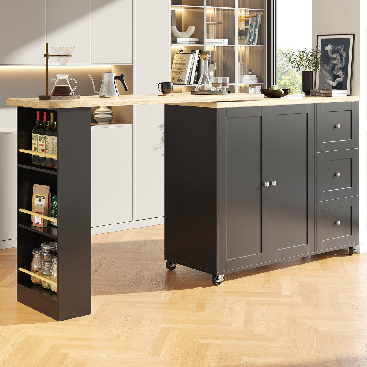 360° Rotating Bar Table Extendable On Casters Storage Island 3 Drawers Black