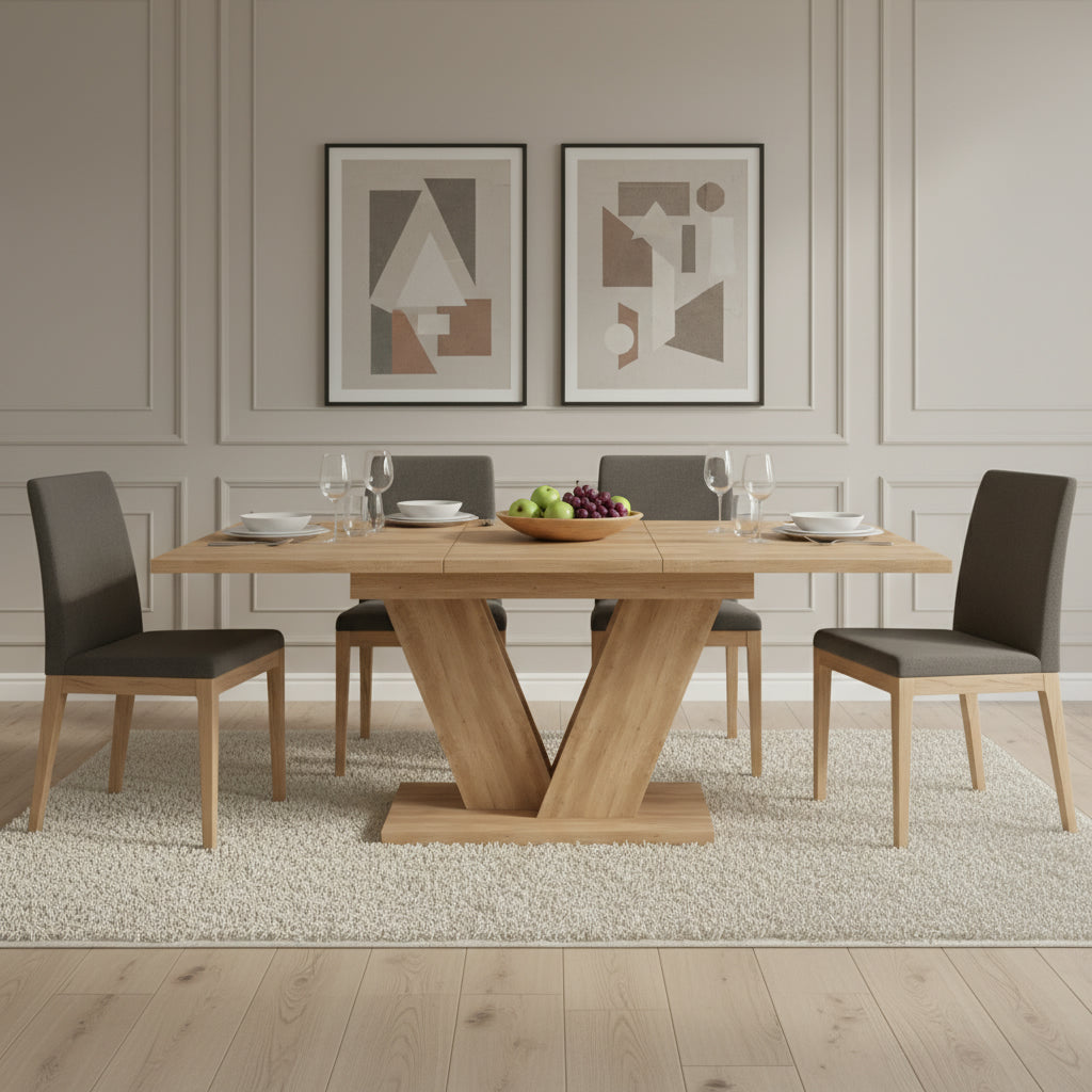 Extendable Dining Table 140/180x80cm Rectangular Thickened Top V-Shaped Legs Oak Color