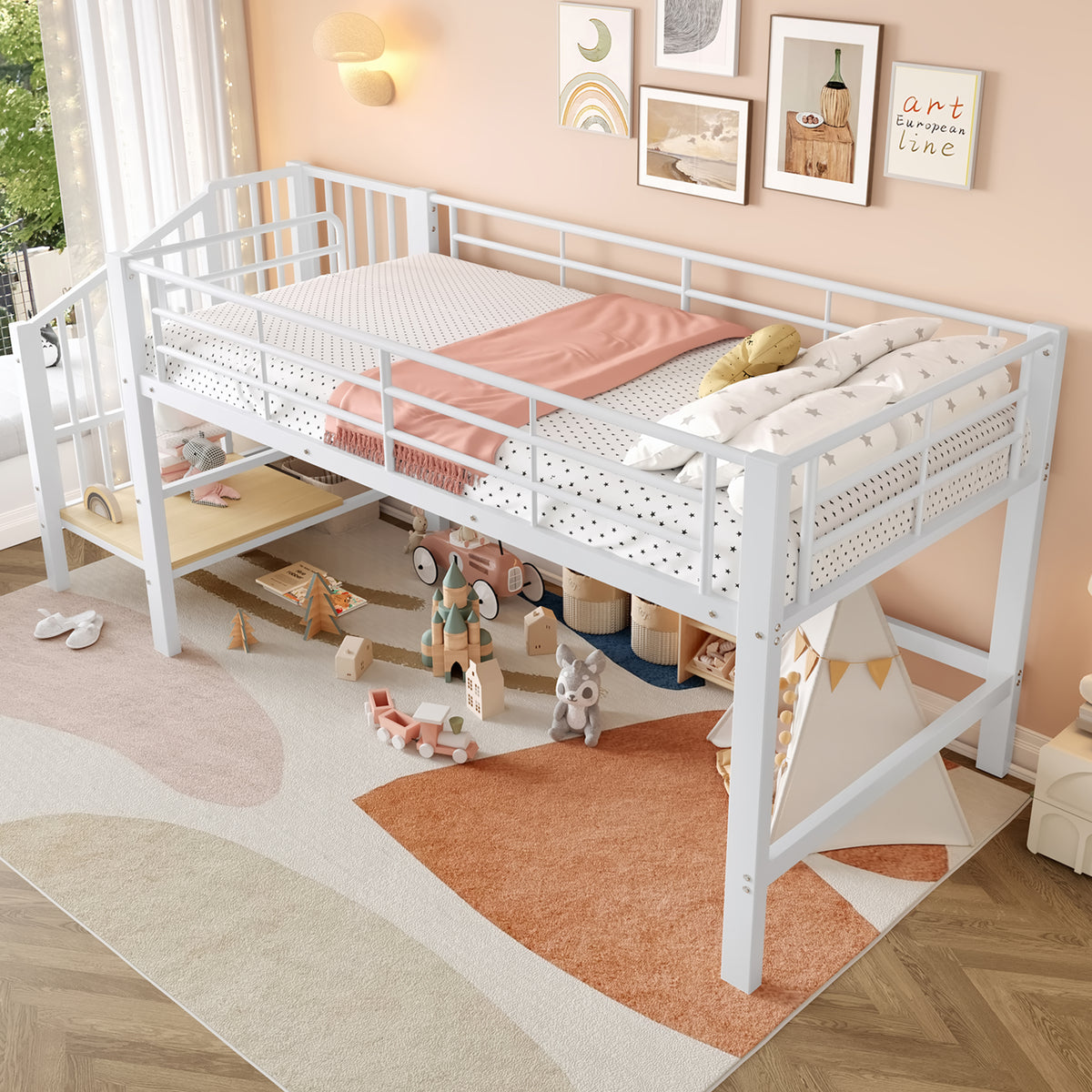 Semi-High Loft Bed 90 x 200 cm with Storage Stairs, White