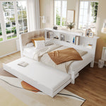 Daybed with Pull-Out Bed, LED Strip, Storage Shelf and USB Port, Pine Wood White