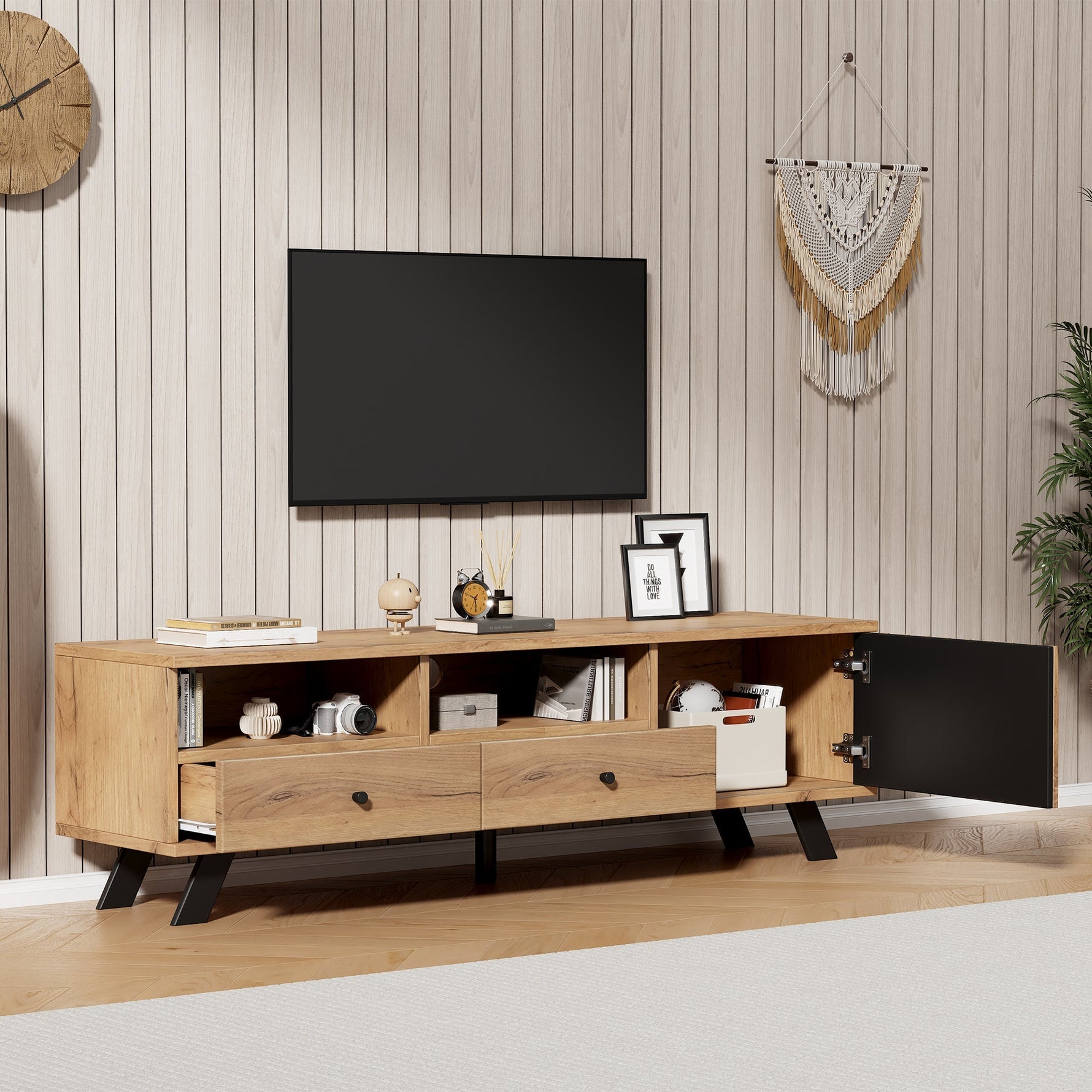 TV Cabinet 150cm with 2 Drawers, Lowboard for 60-inch TV, Wood Color