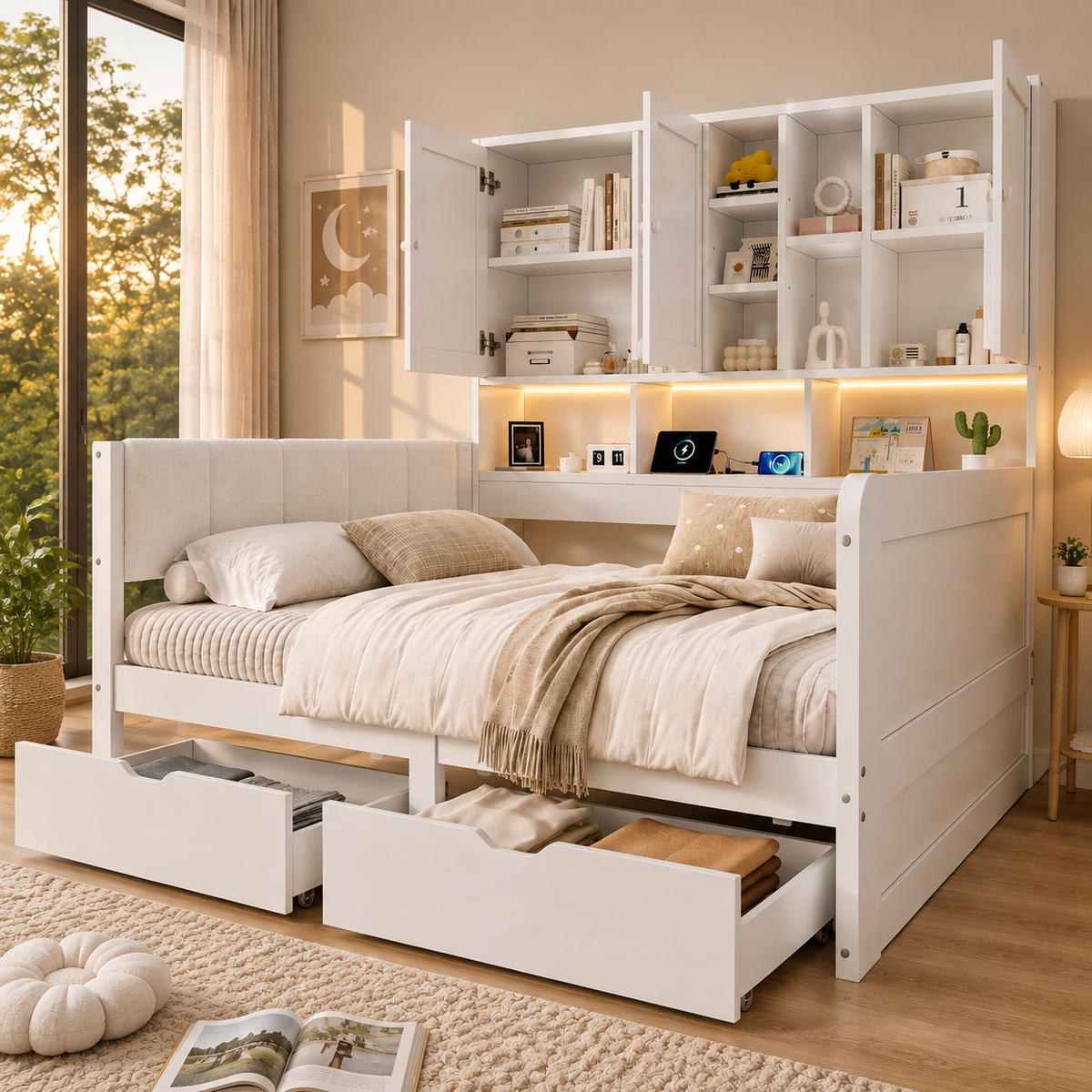Children's Storage Daybed 90x200cm with LED & USB Ports in White