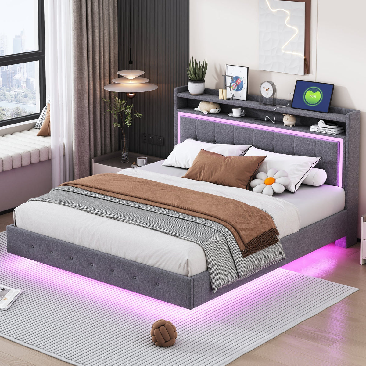 Upholstered Bed, 160x200 USB & LED, Linen Fabric Gray
