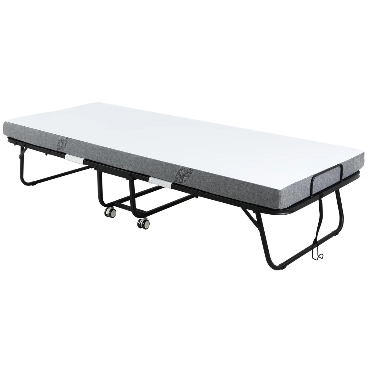 Guest Bed Folding Bed with Wheels, Steel and Foam, 200x75x42.5cm - White/Black