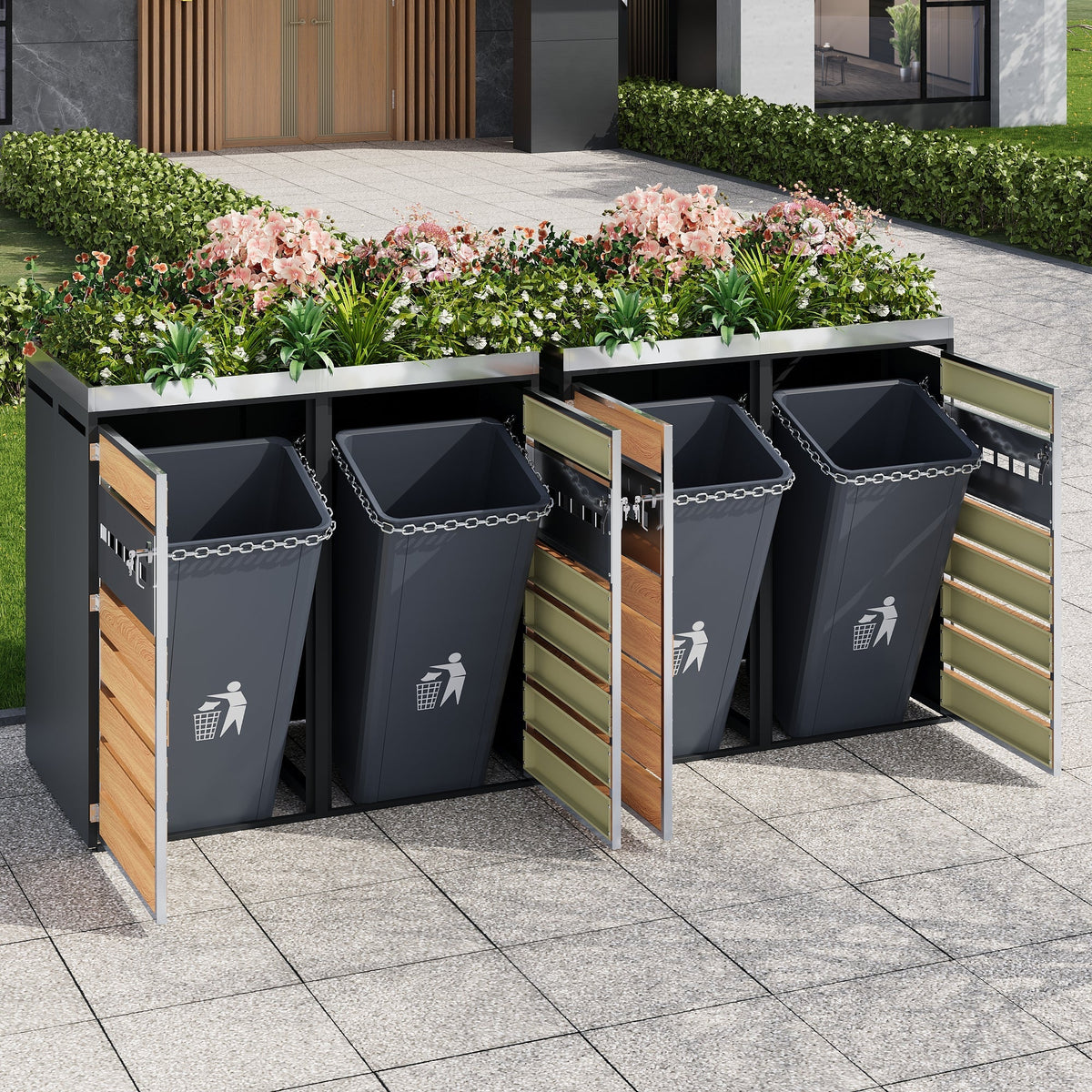 Garbage Can Enclosure with Diamond Ventilation and Four Lockable Doors, Planting Area, Steel