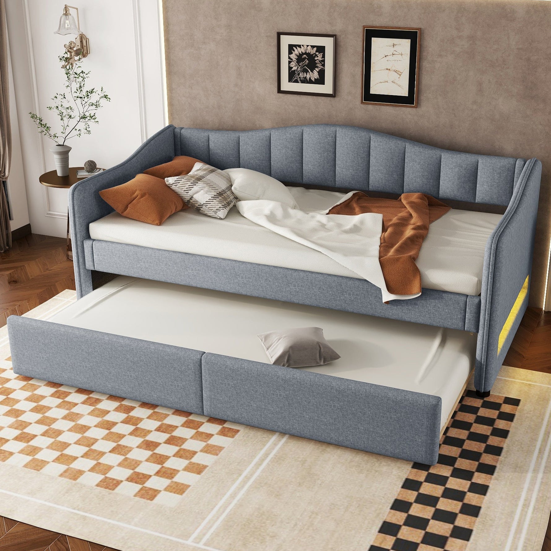 Daybed with Pull-out Bed and LED Ambient Lighting, 90x200cm, Grey Linen