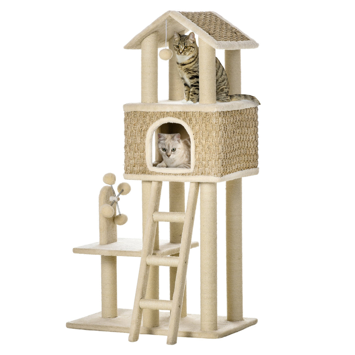 Cat Tree Large 130cm, Cat Cave & Play Balls, Khaki+Beige Chipboard Plush