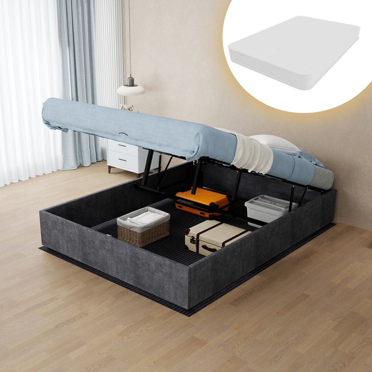Bed Frame 140x200cm with Gas Lift & Mattress, Grey Dutch Velvet