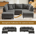 Modern Modular Corner Sofa, 5-Seater with Convertible Footstool, Cotton and Linen Grey