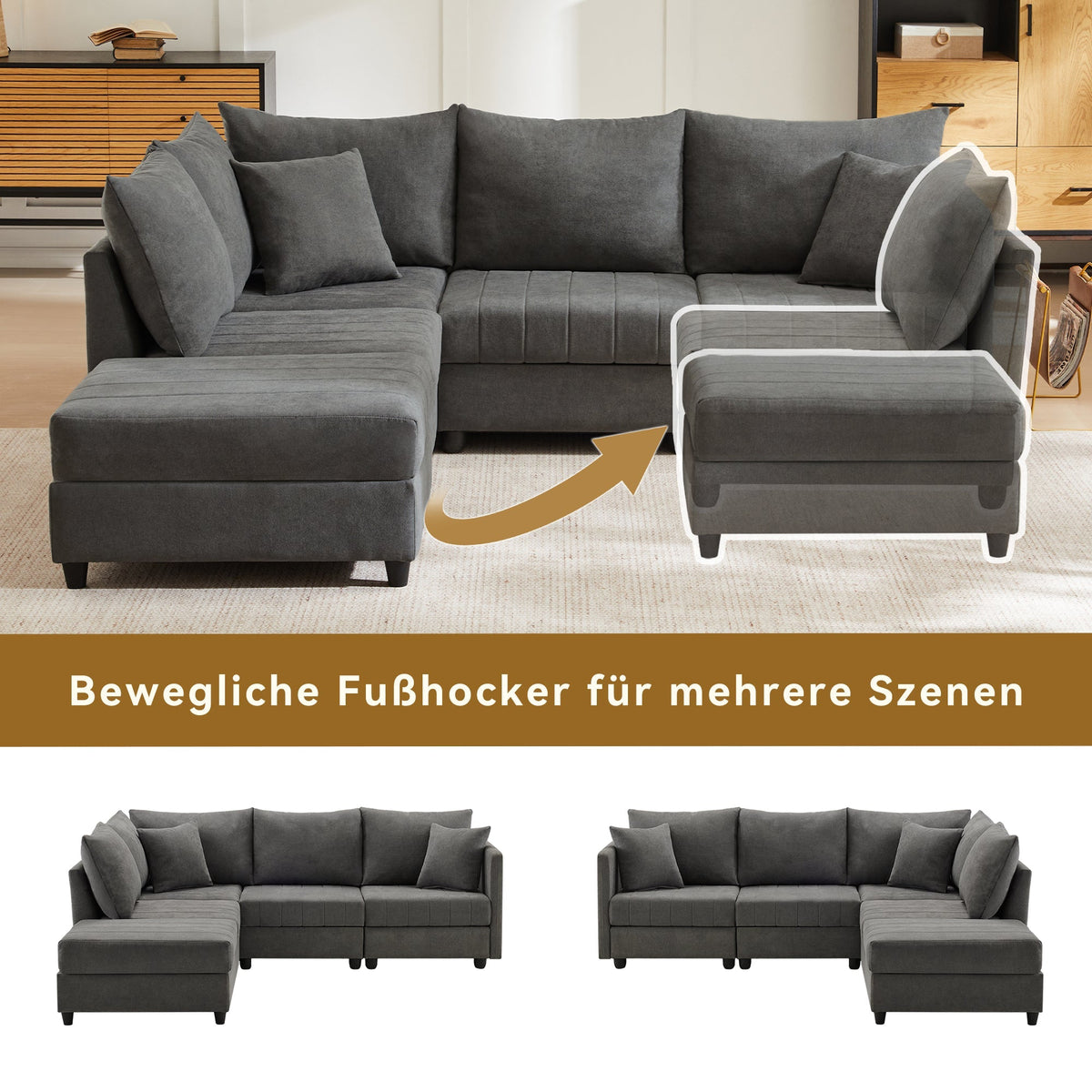 Modern Modular Corner Sofa, 5-Seater with Convertible Footstool, Cotton and Linen Grey