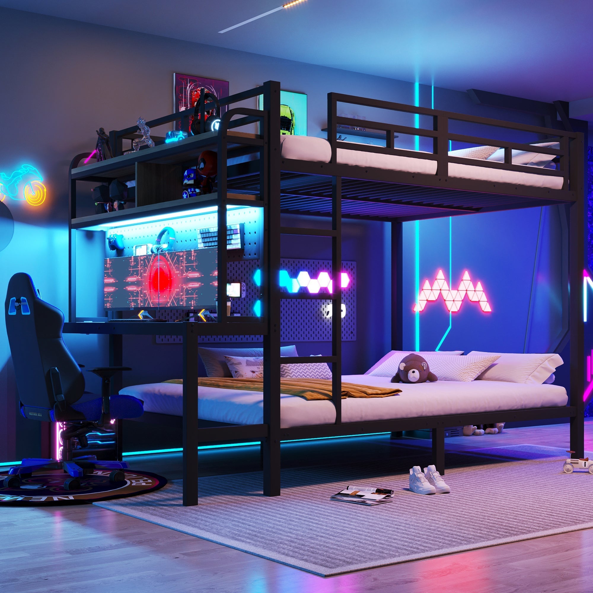 Bunk Bed with Desk, Storage, LED Light and USB Port, 140 x 200 cm, Black Iron