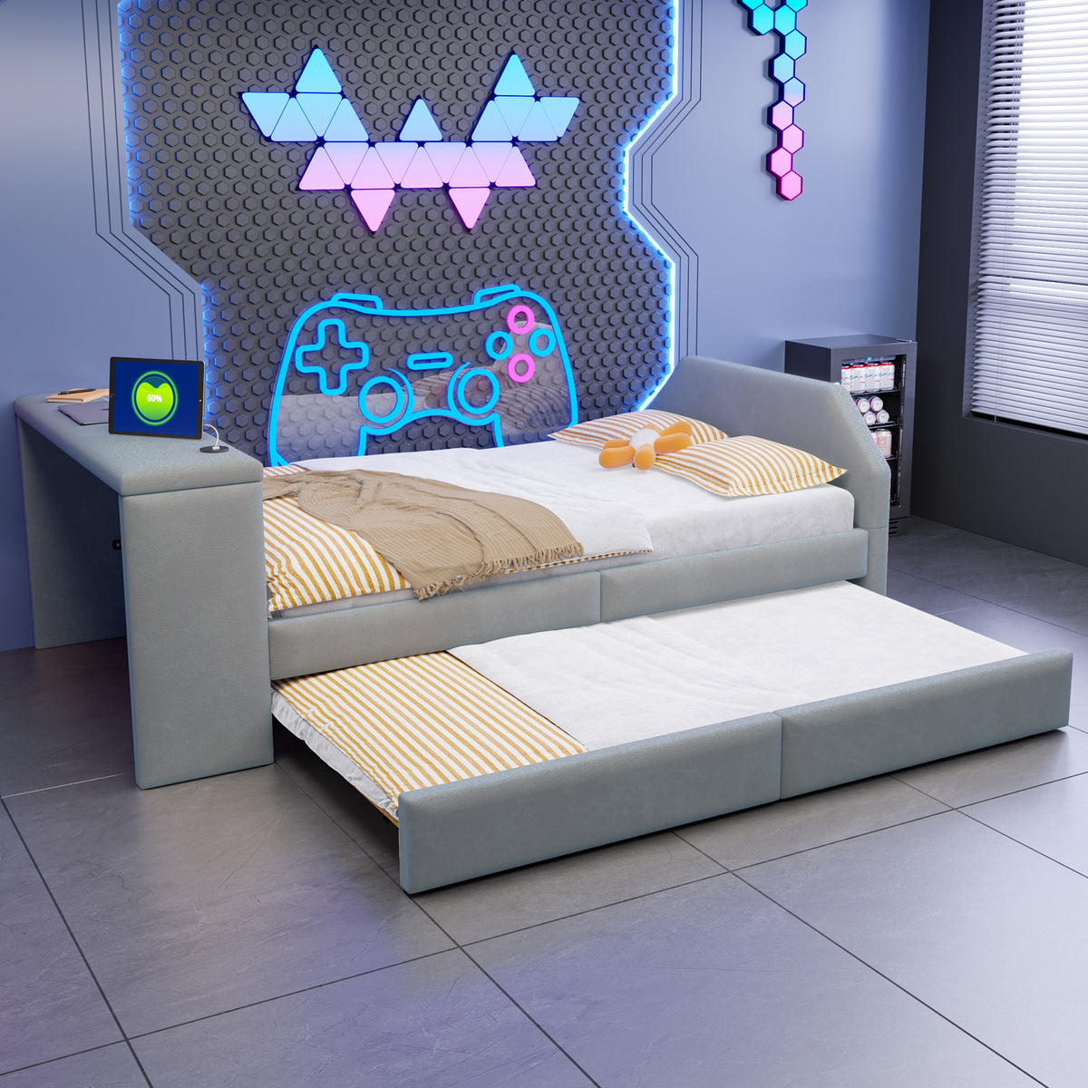 Upholstered Kids Bed 90x200 with Desk & Trundle, Grey Velvet