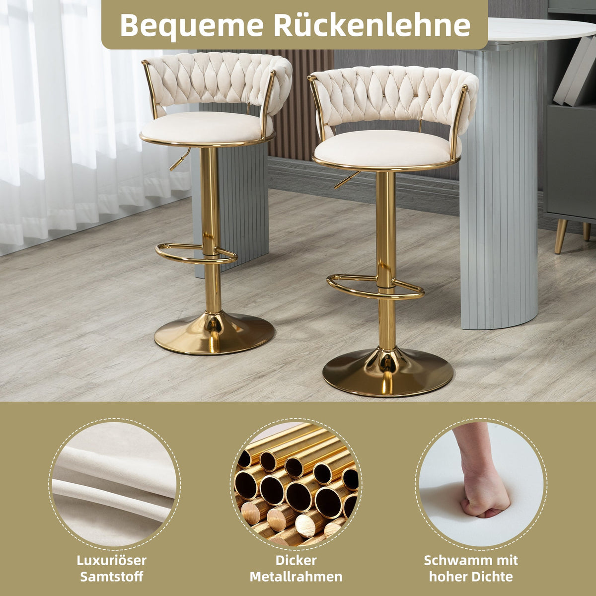 Velvet Swivel Bar Stool 2-Piece Set, Handcrafted Backrest, Adjustable Height, Upholstered