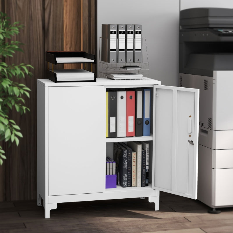 Metal Office Cabinet, Lockable Doors 2-Tier, White
